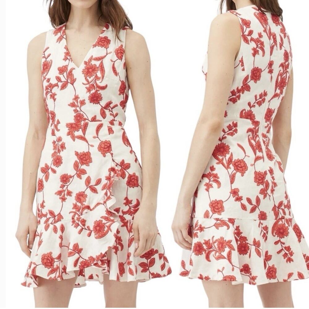 Rebecca Taylor Scarlet Floral Embroidered Ruffled Linen Dress Sleeveless Size 0